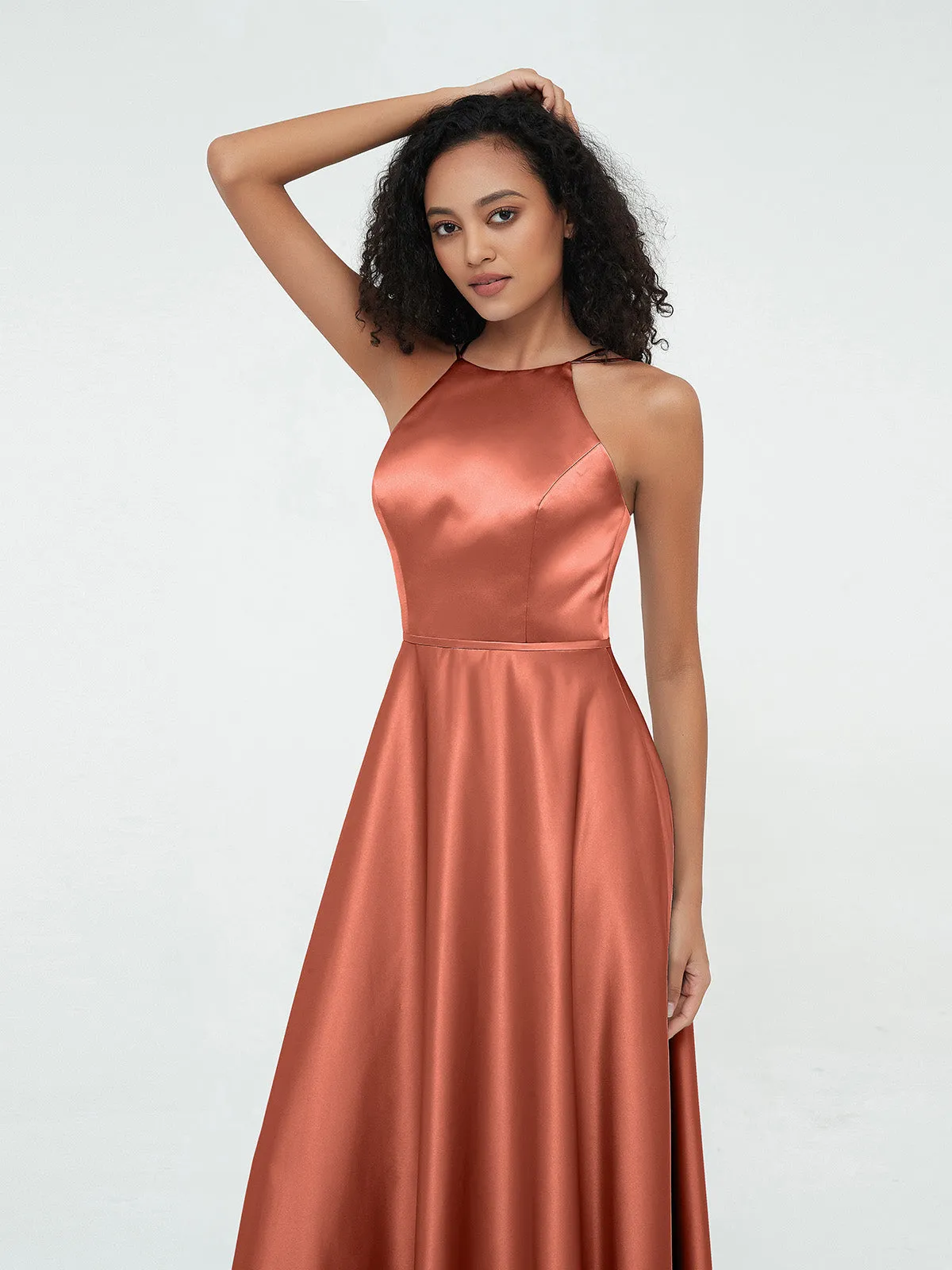 A-ligne Robes Maxi à Licou en Satin avec Poches Rouille Grande Taille