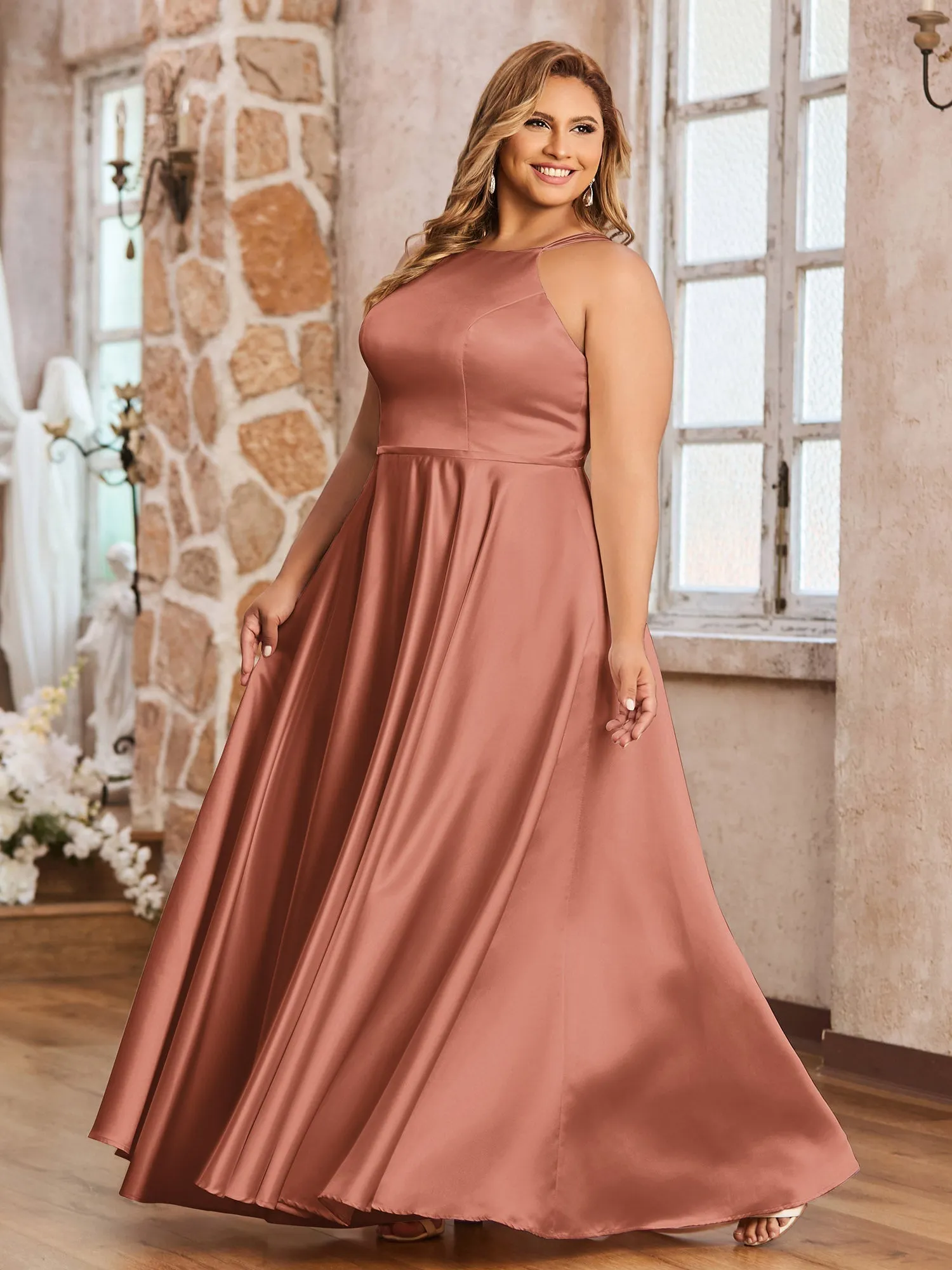 A-ligne Robes Maxi à Licou en Satin avec Poches Rouille Grande Taille