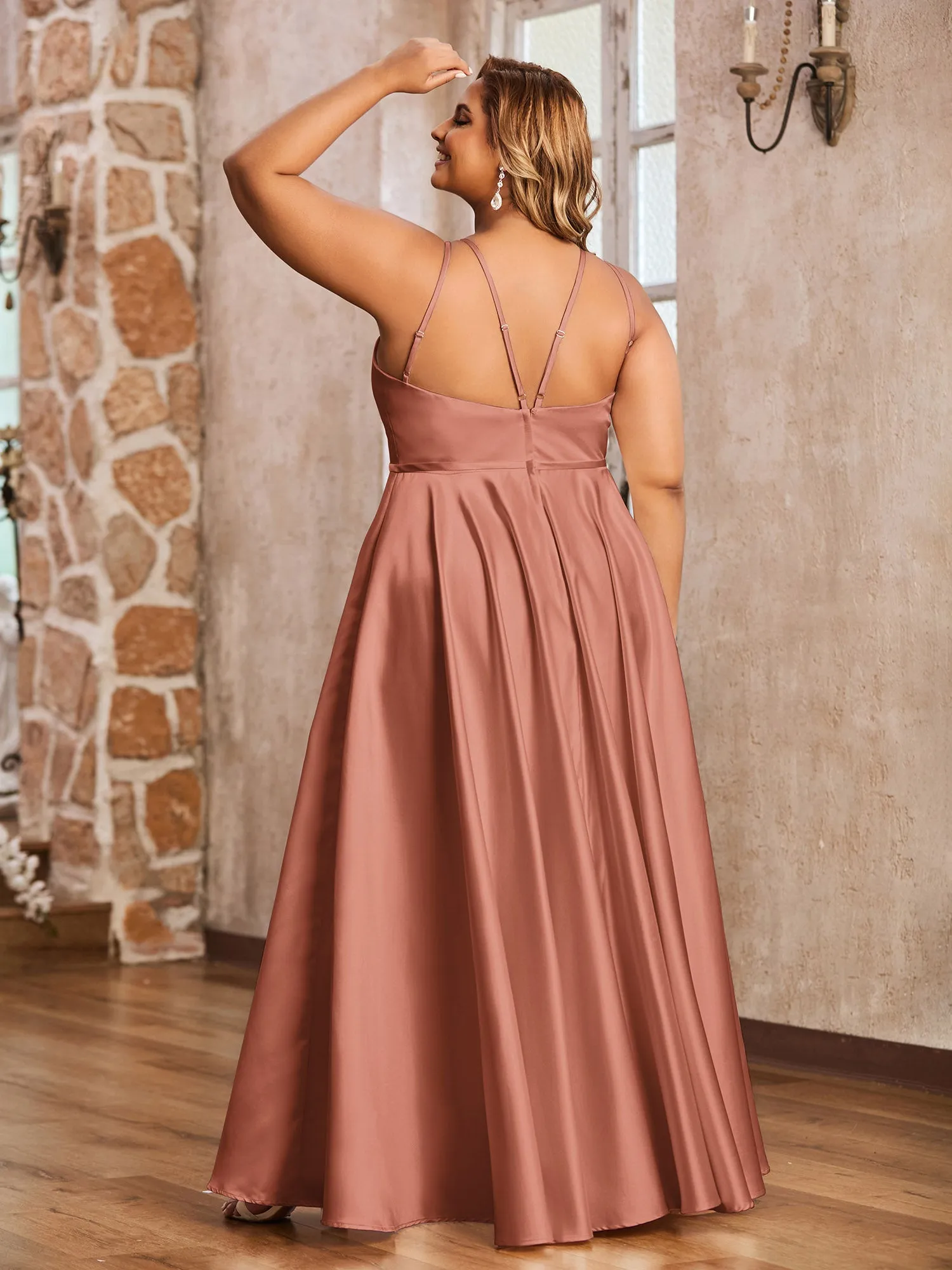 A-ligne Robes Maxi à Licou en Satin avec Poches Rouille Grande Taille
