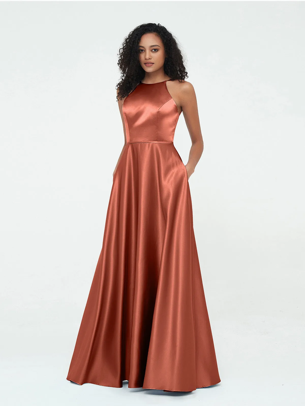 A-ligne Robes Maxi à Licou en Satin avec Poches Rouille Grande Taille