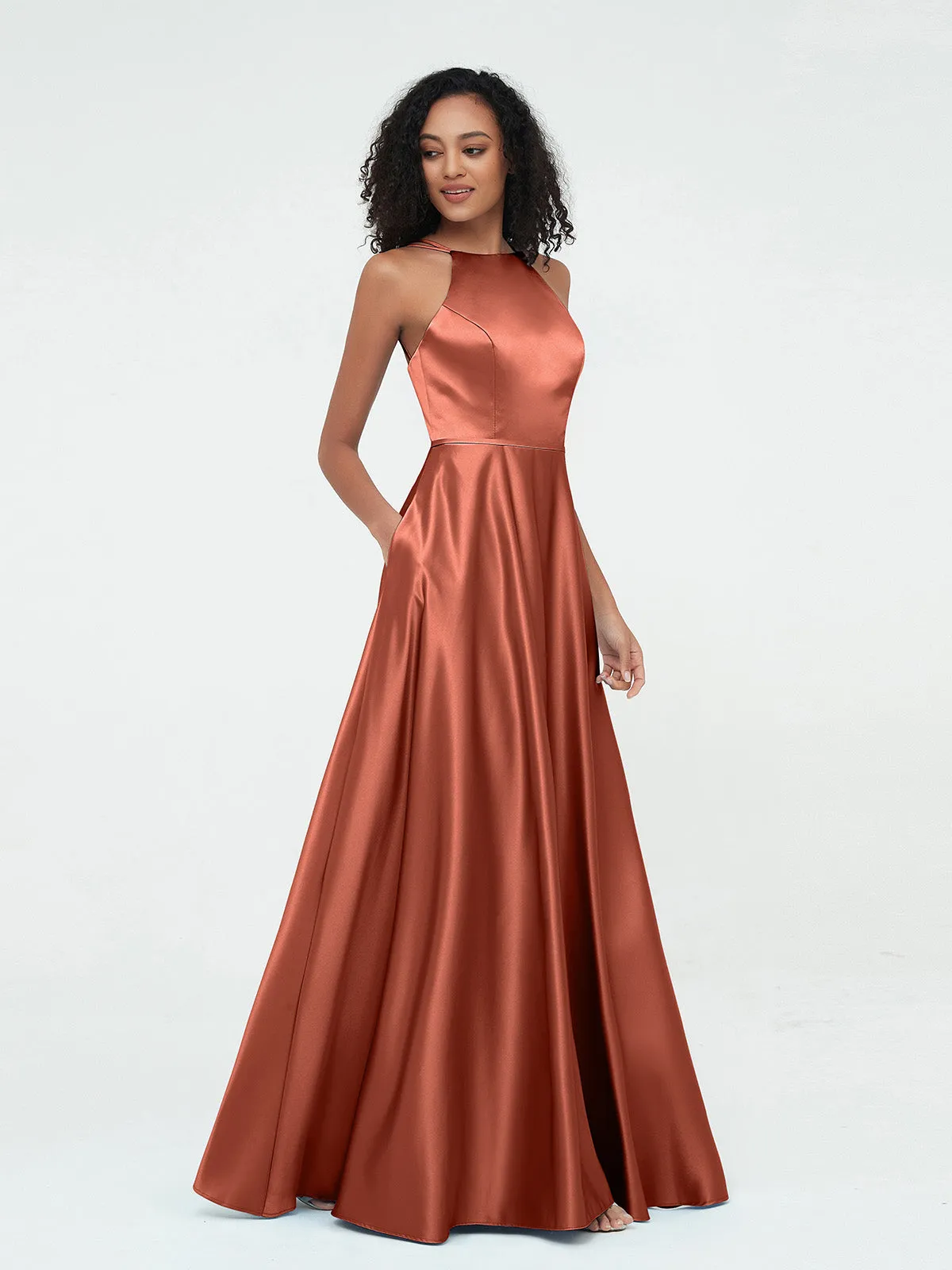 A-ligne Robes Maxi à Licou en Satin avec Poches Rouille Grande Taille