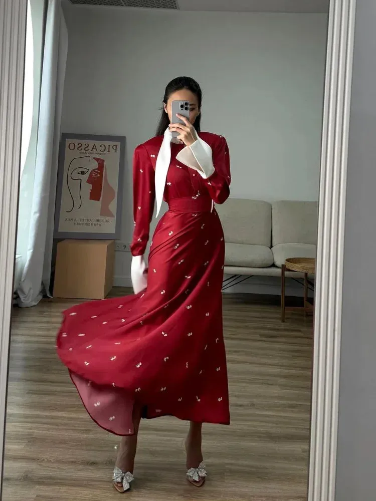 Advbridge Elegant Women Contrasting Printed High Waist Longuette Fashion Long Lapel Patchwork Sleeve Midi Dresses Vintage Lady Party Robes