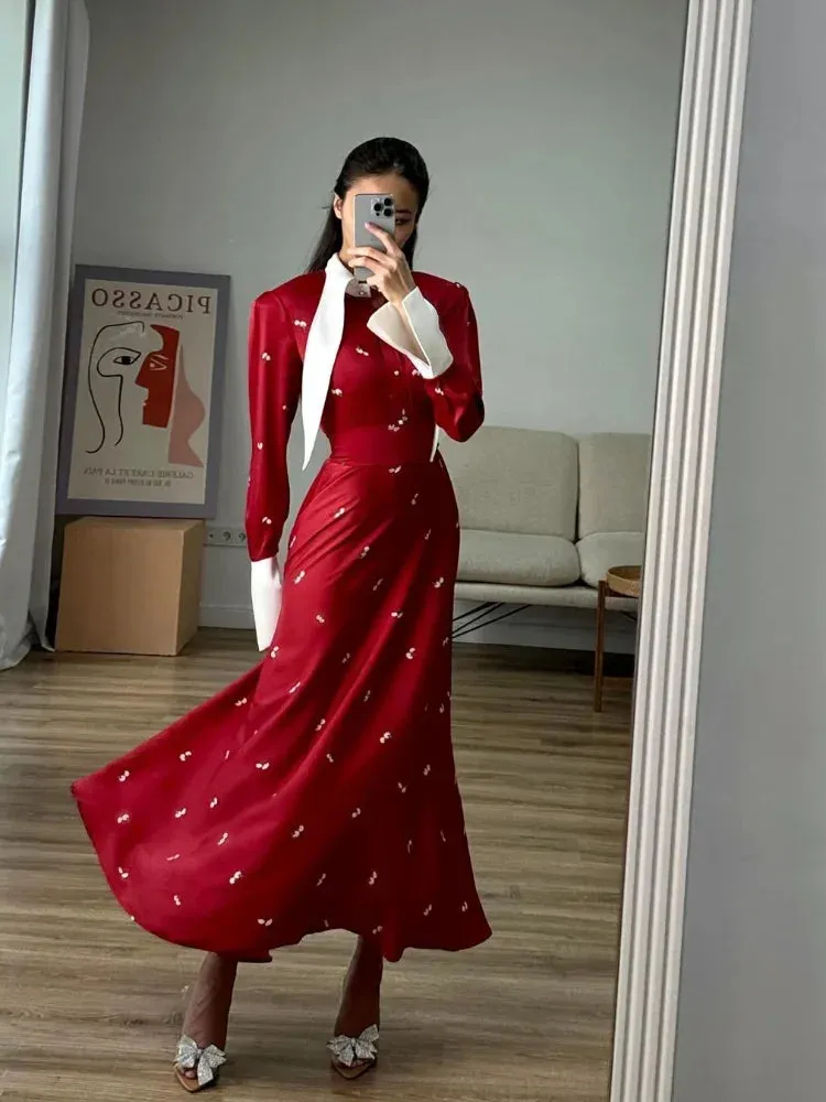Advbridge Elegant Women Contrasting Printed High Waist Longuette Fashion Long Lapel Patchwork Sleeve Midi Dresses Vintage Lady Party Robes