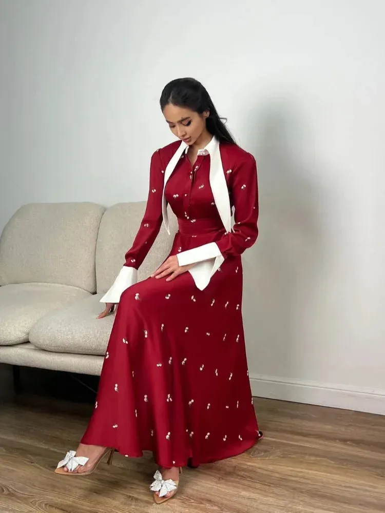 Advbridge Elegant Women Contrasting Printed High Waist Longuette Fashion Long Lapel Patchwork Sleeve Midi Dresses Vintage Lady Party Robes