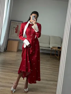 Advbridge Elegant Women Contrasting Printed High Waist Longuette Fashion Long Lapel Patchwork Sleeve Midi Dresses Vintage Lady Party Robes