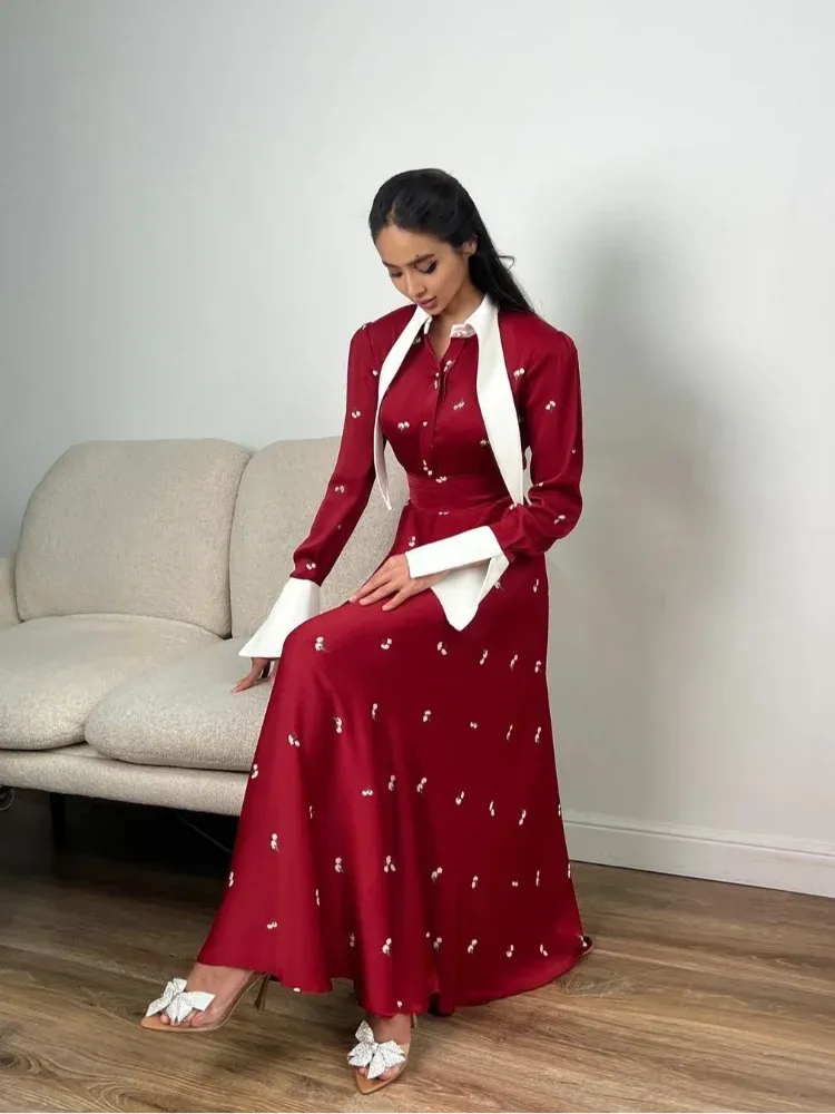 Advbridge Elegant Women Contrasting Printed High Waist Longuette Fashion Long Lapel Patchwork Sleeve Midi Dresses Vintage Lady Party Robes