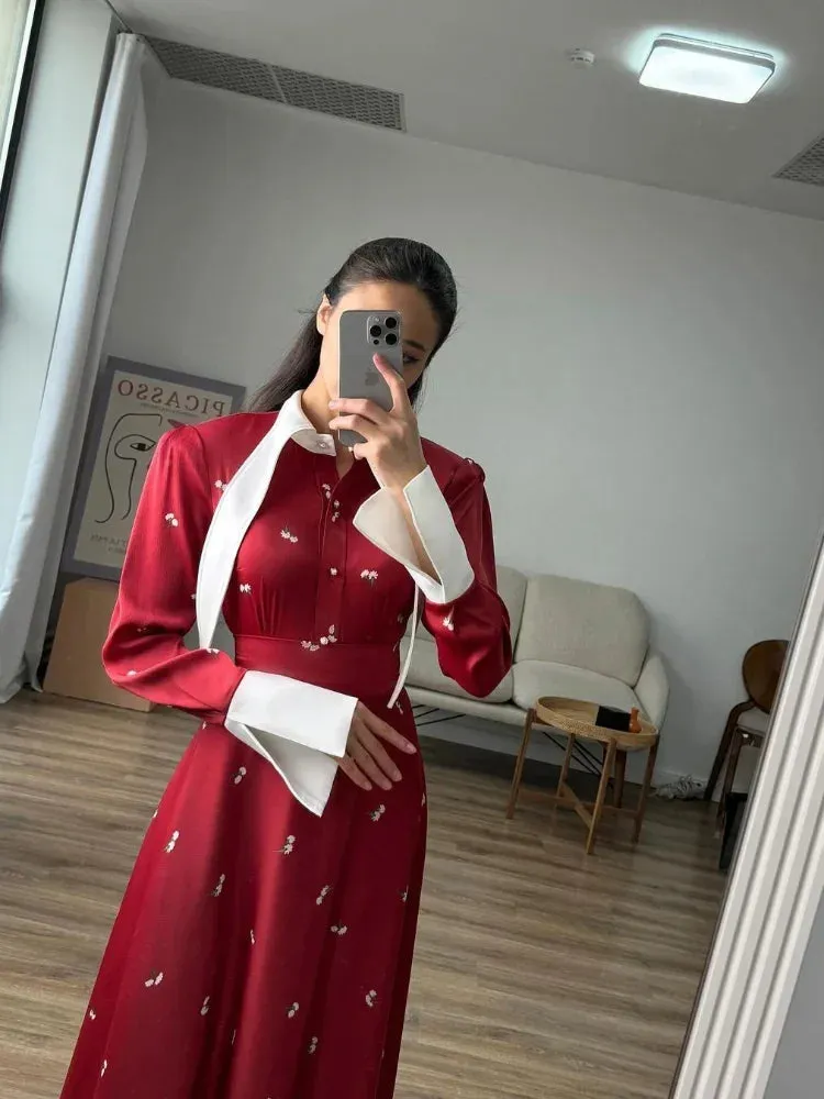 Advbridge Elegant Women Contrasting Printed High Waist Longuette Fashion Long Lapel Patchwork Sleeve Midi Dresses Vintage Lady Party Robes