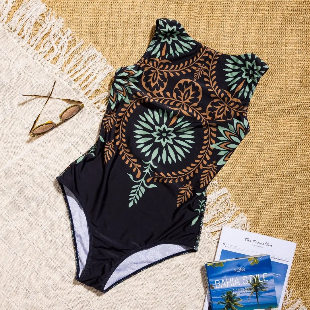 African Sexy High Neck One-Piece Swimsuit for Women | Halter Swimwear with Print, Elegant Bathing Suit