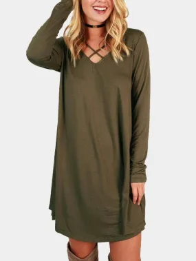 Army Green V-Neck Long Sleeve Plain Crossed Front Dresses