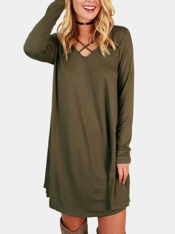 Army Green V-Neck Long Sleeve Plain Crossed Front Dresses