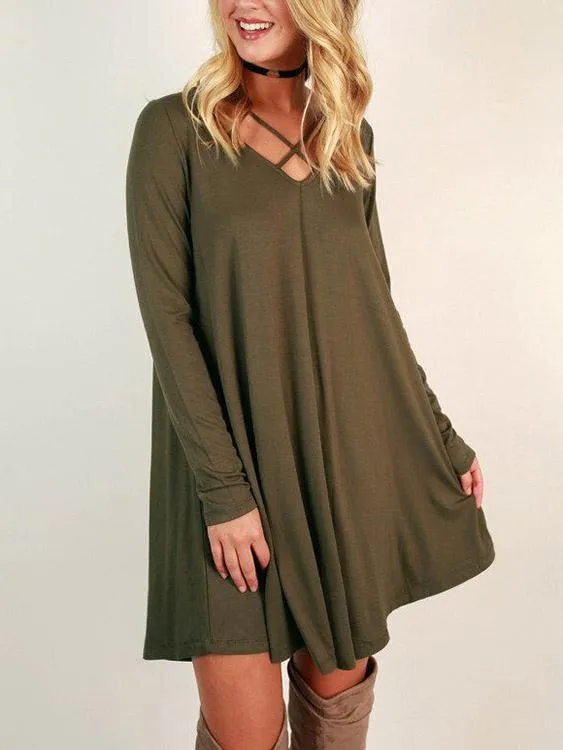 Army Green V-Neck Long Sleeve Plain Crossed Front Dresses
