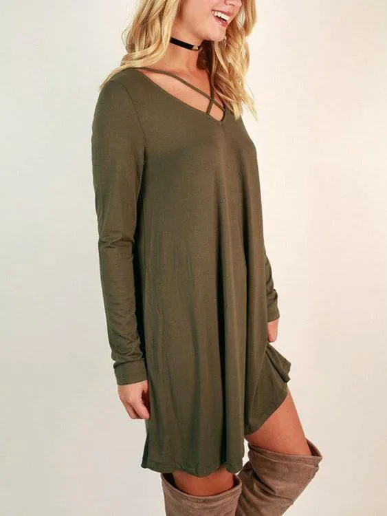 Army Green V-Neck Long Sleeve Plain Crossed Front Dresses