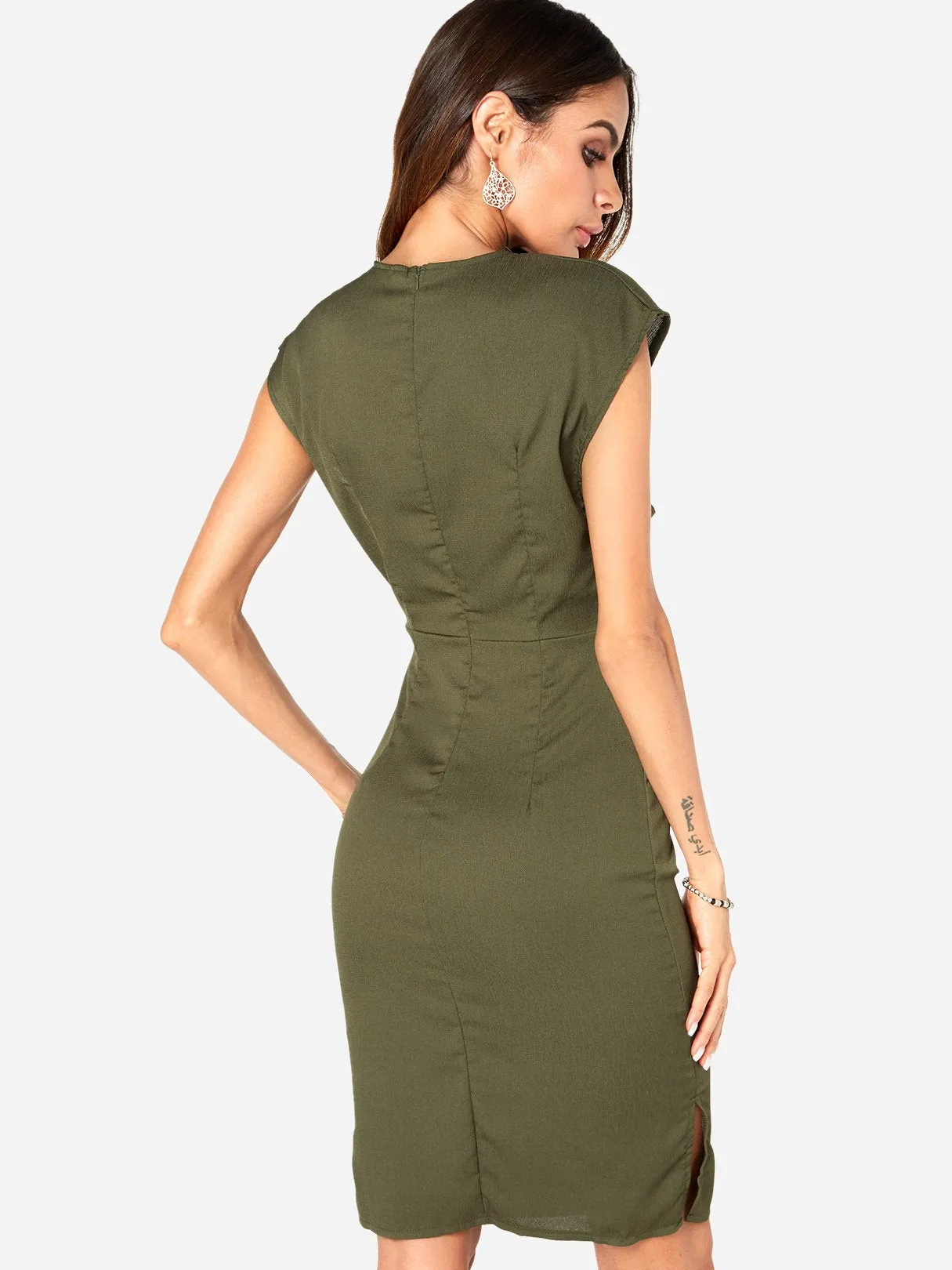 Army Green V-Neck Sleeveless Zip Back Self-Tie Bowknot Slit Hem Dresses