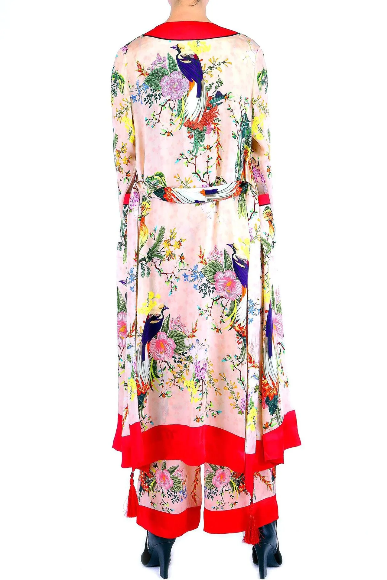 Bird Print Floral Silk Robe Coat