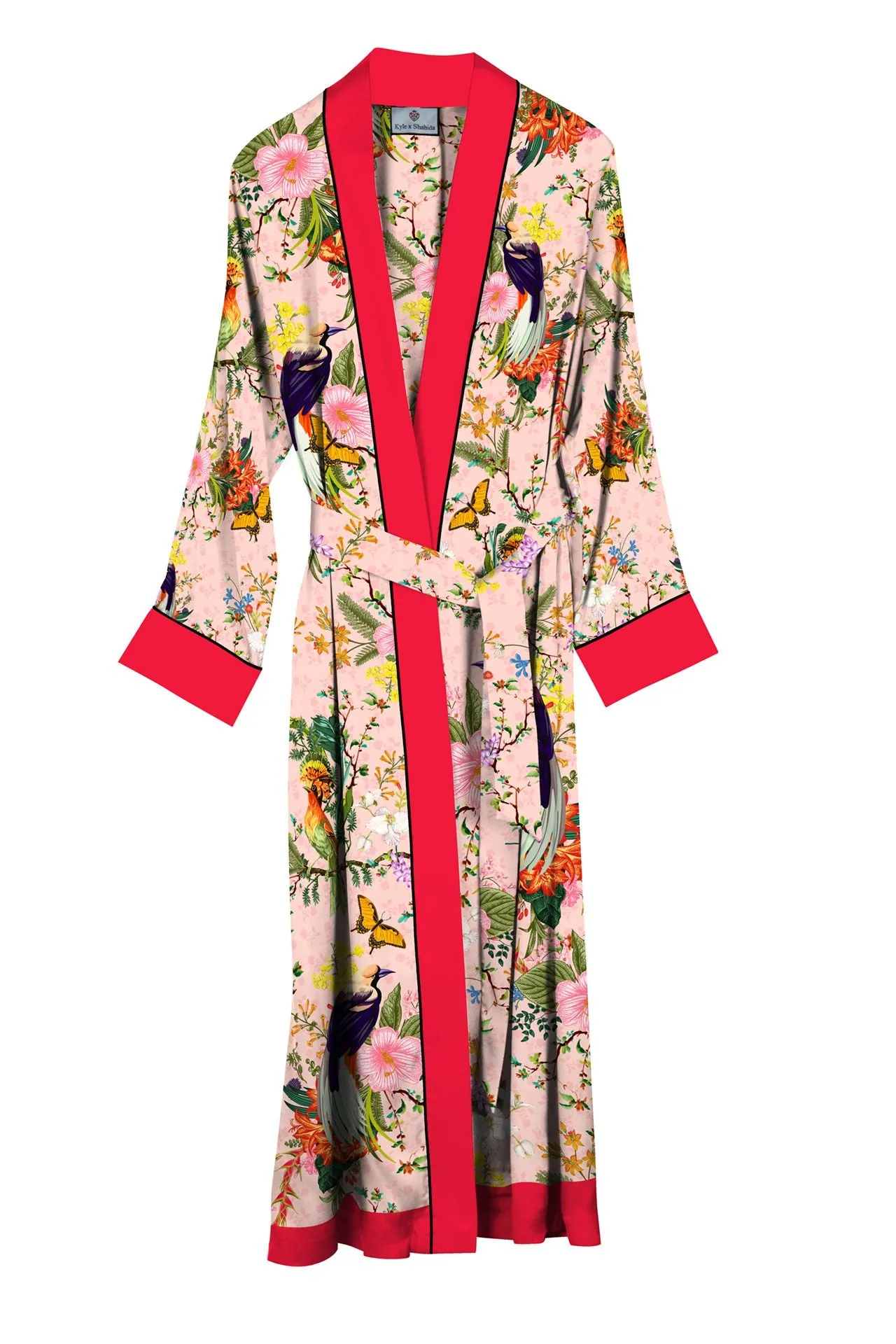 Bird Print Floral Silk Robe Coat