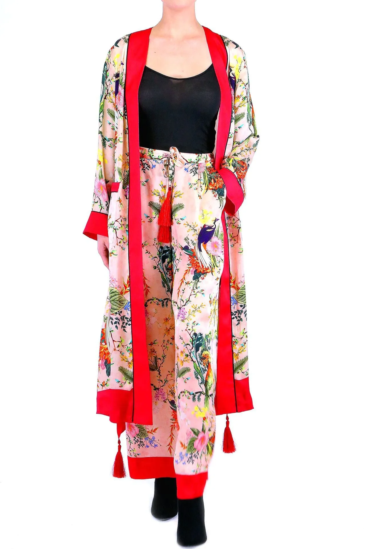Bird Print Floral Silk Robe Coat