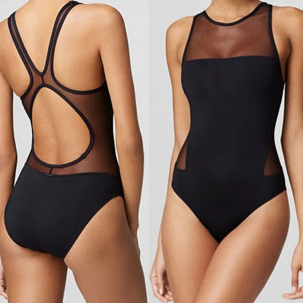 Black Scoop Neck Mesh Patchwork Swimwear