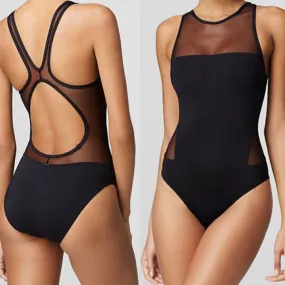 Black Scoop Neck Mesh Patchwork Swimwear