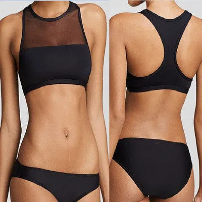 Black Scoop Neck Mesh Patchwork Swimwear