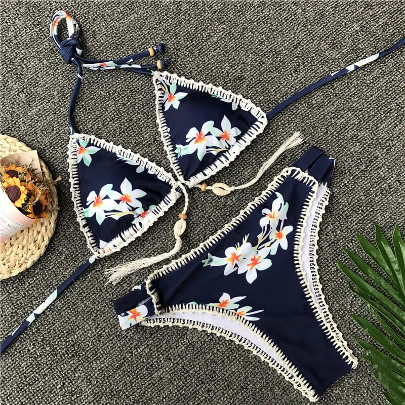 Blue Halter Bandeau Print Mid Rise Thong Bottom Bikinis