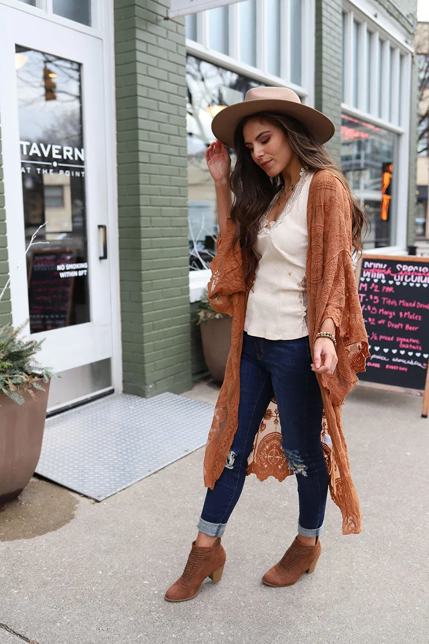 Boho Babe Bell Sleeve Lace Kimono Duster - Apricot