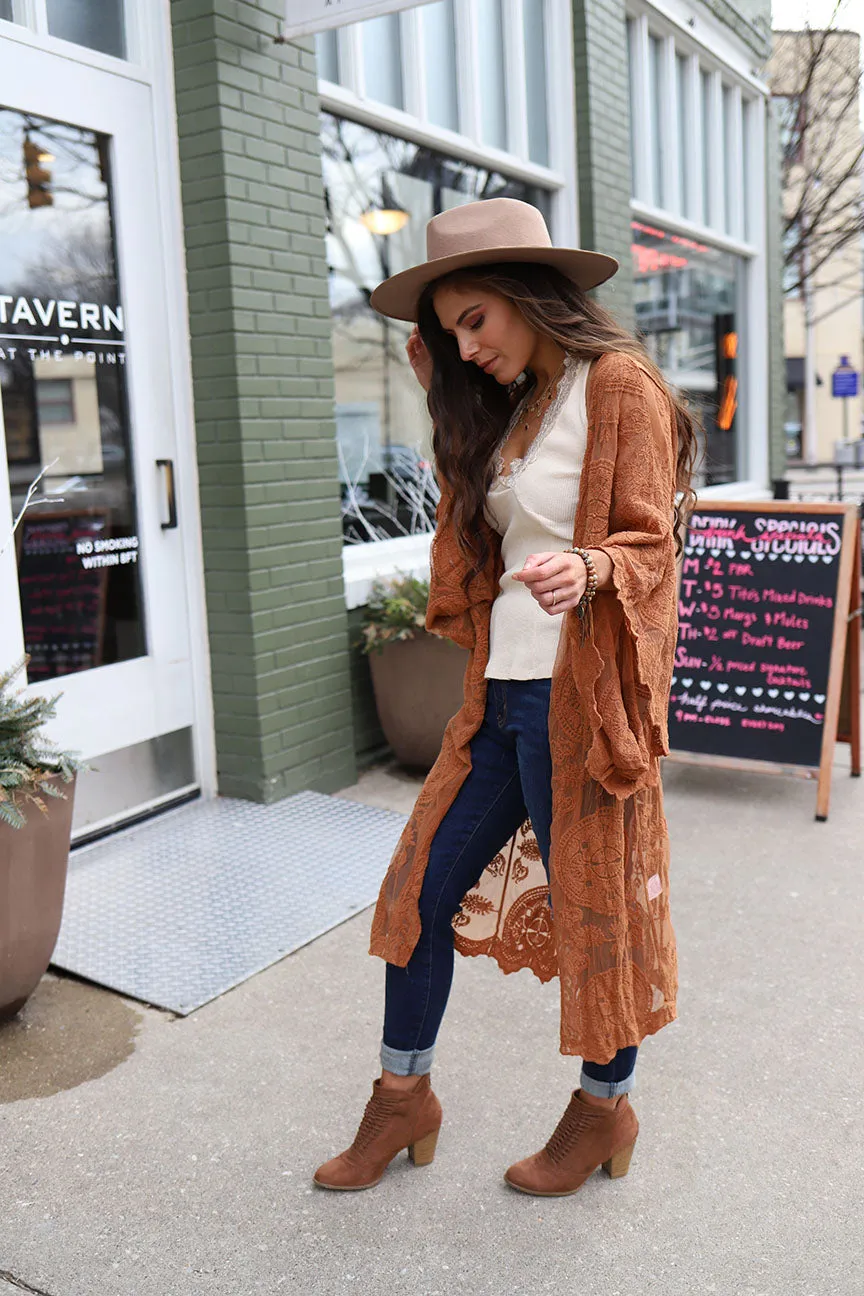 Boho Babe Bell Sleeve Lace Kimono Duster - Apricot