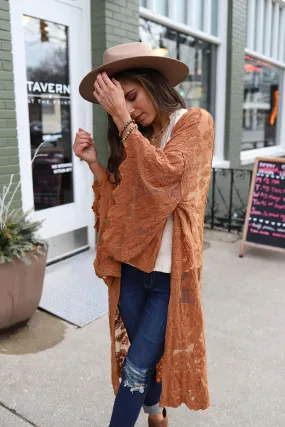 Boho Babe Bell Sleeve Lace Kimono Duster - Apricot
