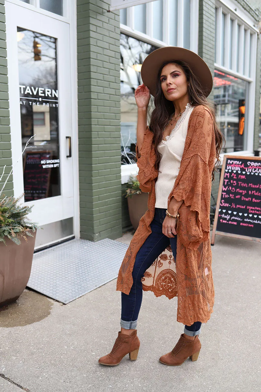 Boho Babe Bell Sleeve Lace Kimono Duster - Apricot