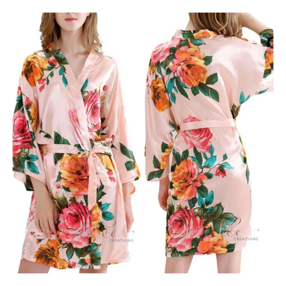 Bridesmaid Robes Floral, Satin Floral Robe for Wedding Day, Navy Bridal Party Robe, Floral Robe for Bridesmaids,