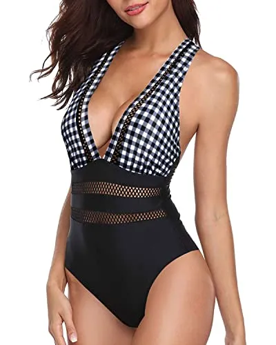 Chic Hollow Out Long Torso One Piece Bathing Suit-Black And White Checkered