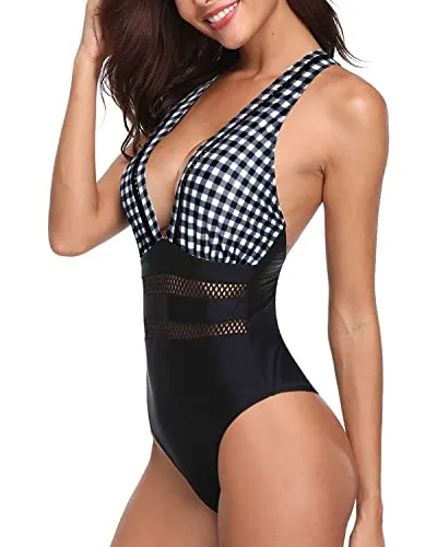 Chic Hollow Out Long Torso One Piece Bathing Suit-Black And White Checkered