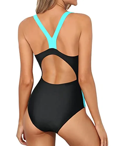 Color Block Splicing Athletic One Piece Swimsuits-Black And Aqua