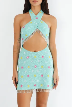 Crisscross Hand Beaded Halter Dress Green