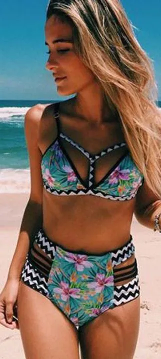 Cut Out Cross Wrap Flower Print High Waist Bikini Set Swimwear
