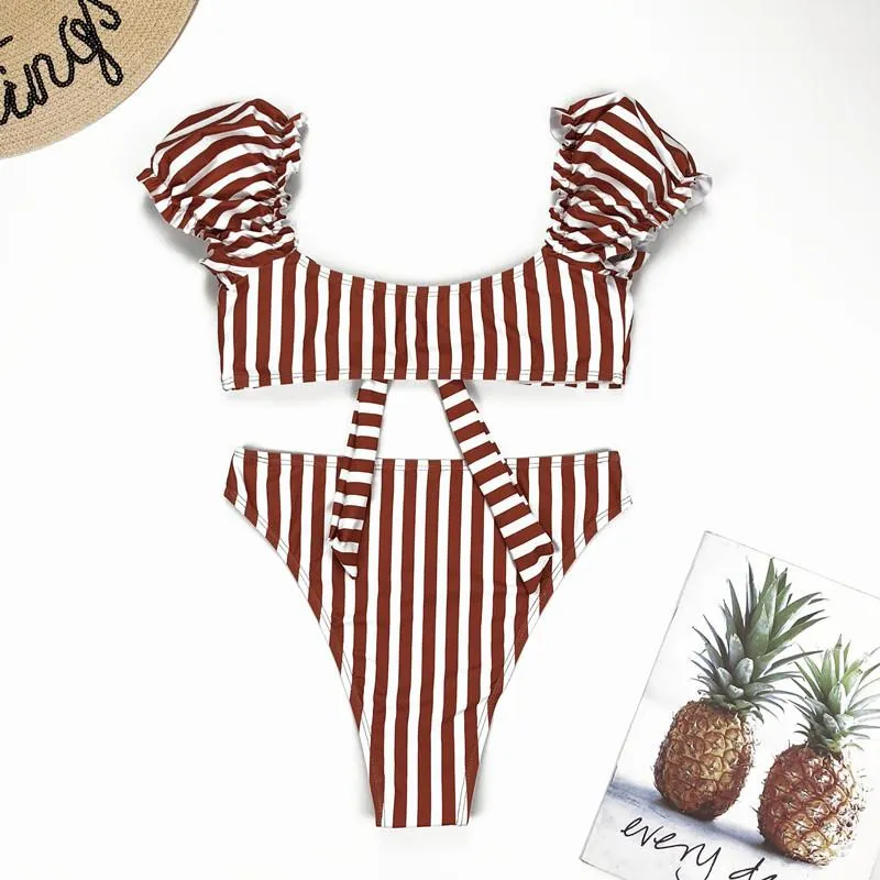 Cute Stripe Flapper High Rise Thong Bottom Bikinis