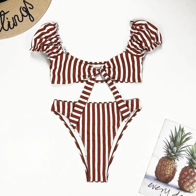 Cute Stripe Flapper High Rise Thong Bottom Bikinis