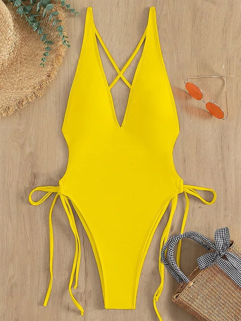 Deep Chesty V-Neck High Waist Triangle One Piece Swimsuits