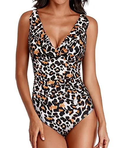 Flounce Shoulder One Piece Swimsuit For Women-Leopard