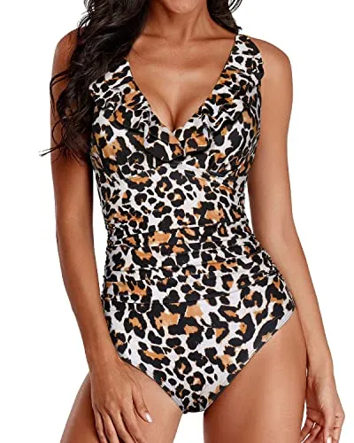Flounce Shoulder One Piece Swimsuit For Women-Leopard
