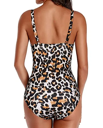 Flounce Shoulder One Piece Swimsuit For Women-Leopard