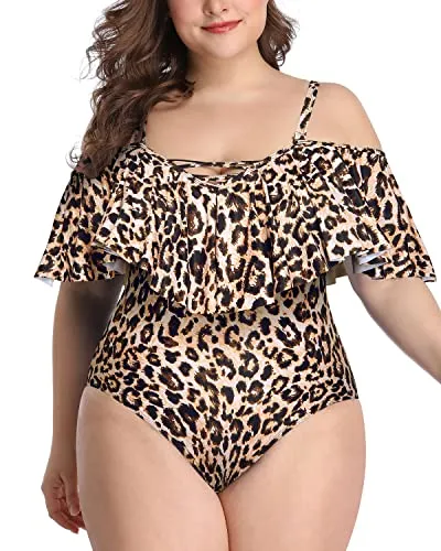 Flounce Tummy Control Off Shoulder Vintage Bathing Suits-Leopard