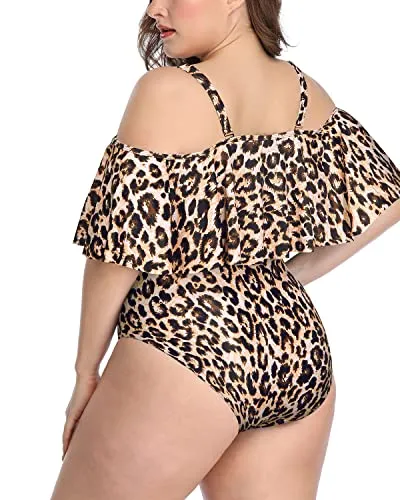Flounce Tummy Control Off Shoulder Vintage Bathing Suits-Leopard