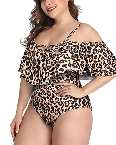 Flounce Tummy Control Off Shoulder Vintage Bathing Suits-Leopard