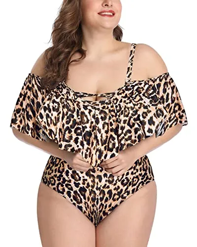 Flounce Tummy Control Off Shoulder Vintage Bathing Suits-Leopard
