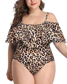 Flounce Tummy Control Off Shoulder Vintage Bathing Suits-Leopard