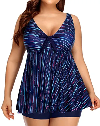 Flowy Two Piece Tankini Swimsuits Bowknot For Women-Navy Blue