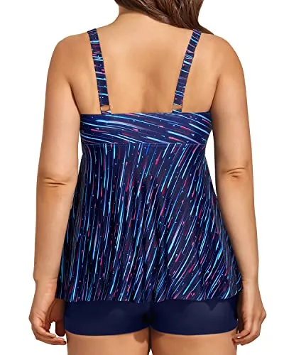 Flowy Two Piece Tankini Swimsuits Bowknot For Women-Navy Blue