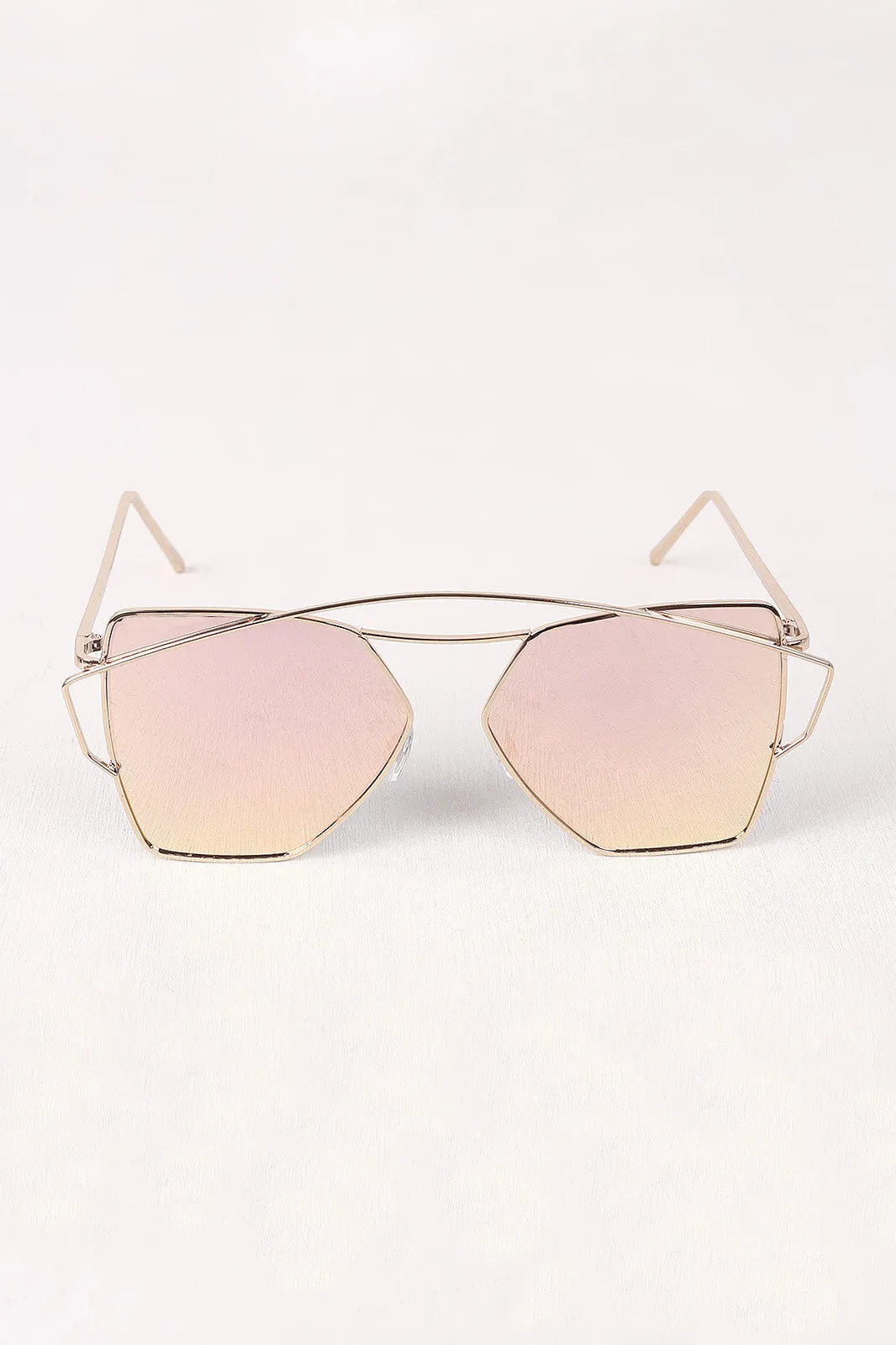 Geometric-Shape Mirrored Lens Double Brow Wire Frame Sunglasses
