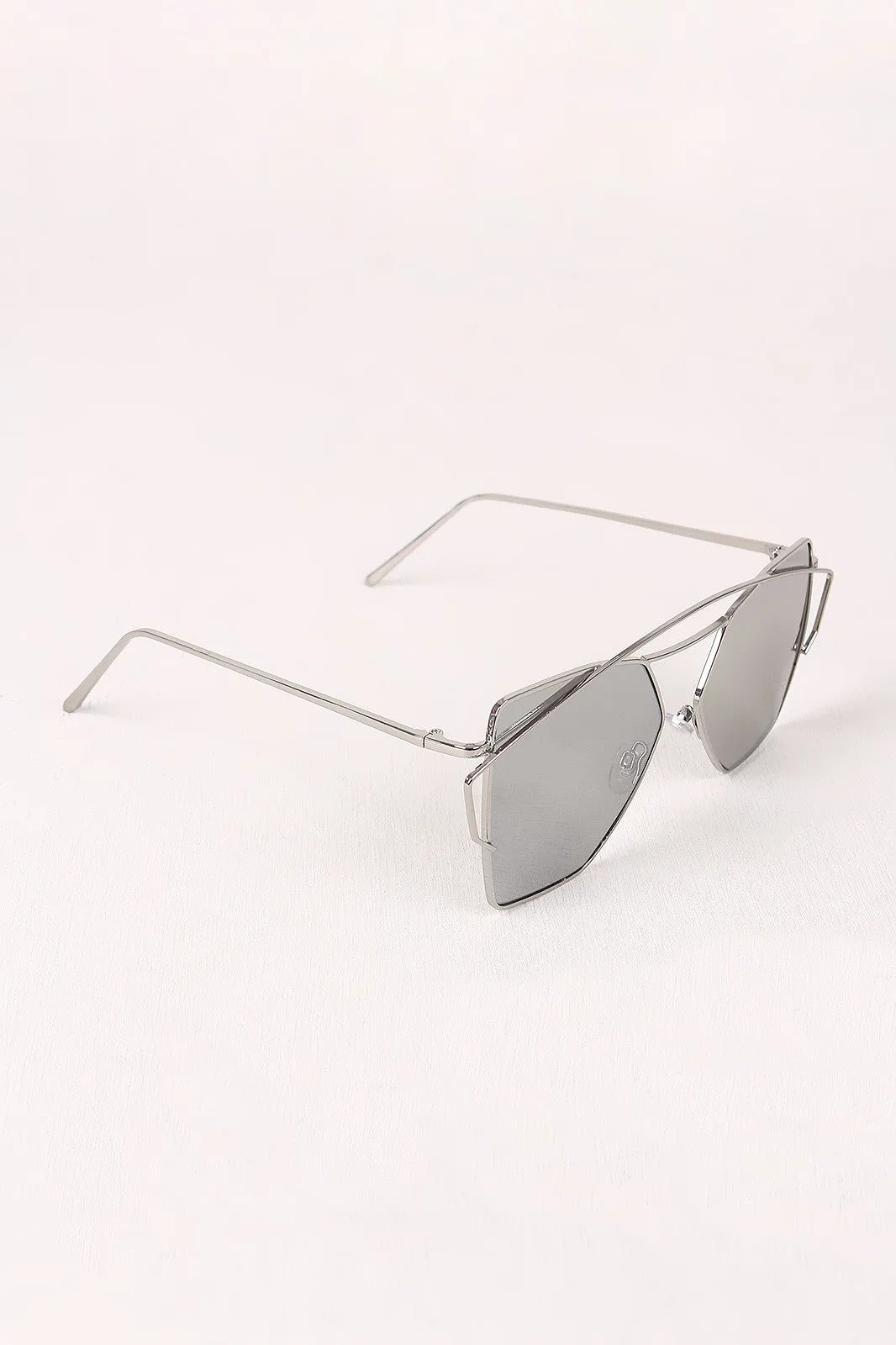Geometric-Shape Mirrored Lens Double Brow Wire Frame Sunglasses