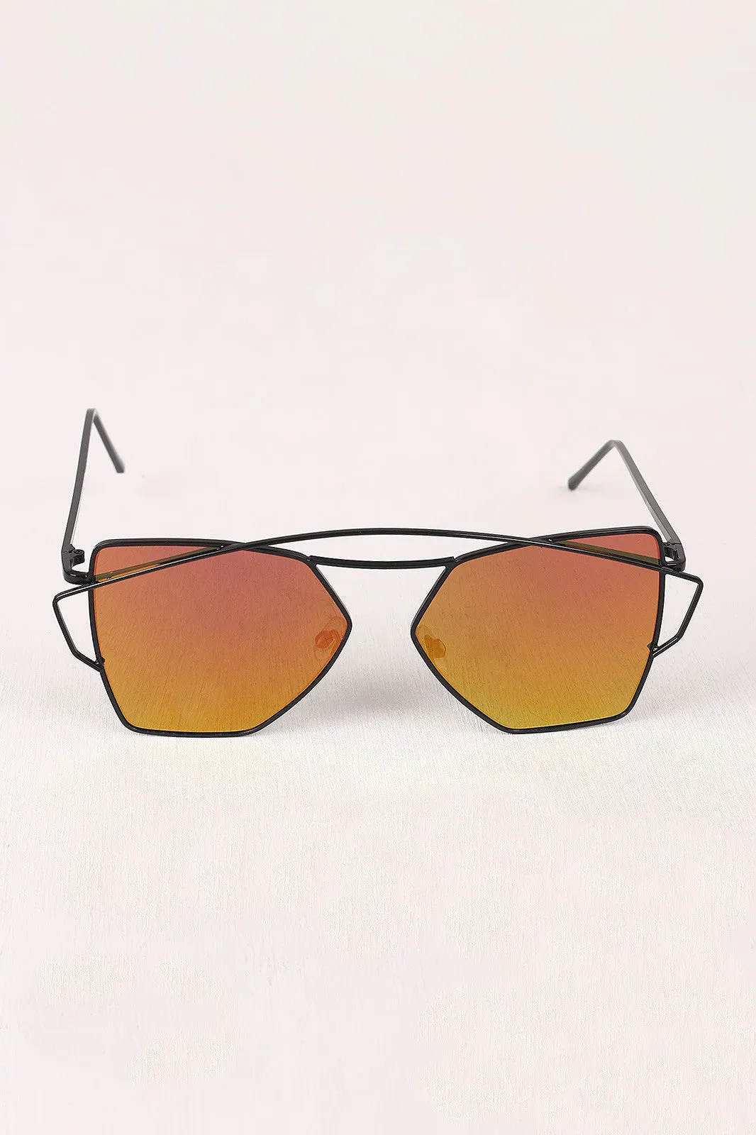 Geometric-Shape Mirrored Lens Double Brow Wire Frame Sunglasses